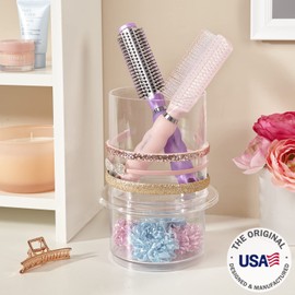 STORi Bella Stackable Clear Plastic Hair Accessory Organizer Set | Round Headband and Hairbrush Holder Stacks on the Storage Containers with Tray Lid | Made in USA