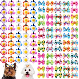 Piklodo 100Pcs Spring Summer Dog Bows and Dog Hair Clips Dog Hair Bows with Rubber Bands Flower Puppy Bow Floral Pet Hair Barrettes Dog Grooming Bows for Small Medium Large Dog Puppy Hair Accessories