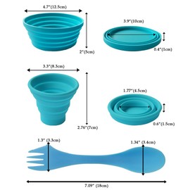 Ecoart Silicone Collapsible Bowl Cup Set with Spork for Outdoor Camping Hiking Travel, Blue - Set of 3