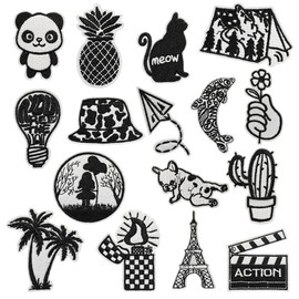 Woohome 16 PCS Iron on Patches, Embroidered Fabric Iron on or Sew on Patches Black Embroidered Appliques Sticker Patches for Clothes Hat Jeans
