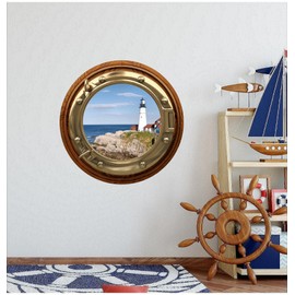 12 inch Port Scape Lighthouse 2 Brasswod Porthole Window Wall Sticker Decal Graphic Instant Sea Window View Nautical Sea Decor