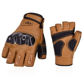 Vgo... 1 Pair Half Finger Touchscreen Motorcycle Gloves|Breathable Goatskin Palm|TPU Knuckle Armor|Flexible Anti-Shock Gear for Summer Riding|Men Women Cycling, Construction, ATV (GA6078HL,Brown,L)