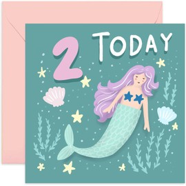 Old English Co. Happy 2nd Birthday Card for Young Girl - Green Purple Mermaid Second Birthday Card - Age Two Card - For Daughter, Granddaughter, Niece, Sister, Goddaughter | Blank Inside Envelope