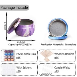 Hiztghc Aromatherapy Candle Making Kit – 12-Pack 4.5 oz Marble Metal Tins with Lids, Including Wooden Wick Holder Sticks, Wick Stickers & 100% Cotton Wicks Beginner-Friendly