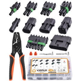 VIGRUE 1/2/3/4/6 Pin Waterproof Automotive Electrical Connectors with Ratcheting Wire Crimping Tool, 19 Set Weatherpack Connectors Male Female Terminals Plug Kit
