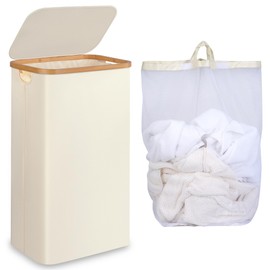 iEGrow Slim Laundry Hamper with Lid,75L Collapsible Clothes Hamper for Laundry,Dirty Clothes Basket with Bamboo Handles & Removable Laundry Bag for Bathroom, Dorm, Laundry Room, Beige