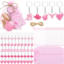 Equsion 50 Sets Western Cowgirl Party Favors for Guest Pink Acrylic Disco Cowgirl Keychain with Pink Organza Bags and Thank You Tags for Birthday Bridal Shower Bachelorette Party Supplies