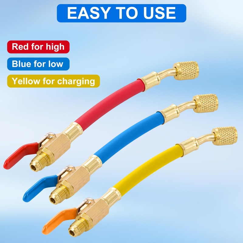 Tigbear R134A R410A R22 R12 AC Charging Hoses, 7" Length