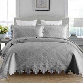 MarCielo 3-Piece 100% Cotton Oversized Bedspread Lightweight Quilt Coverlet Embroidery Farmhouse Bedding Set (Tk Light Grey, King (118"x106"))