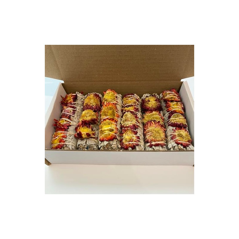 VIE Wholesale Smudge Sticks, White Sage and Red Sunflower 4",