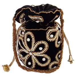 Purpledip Chenille Potli Bag (Clutch, Drawstring Purse): Intricate Bead Work Satchel Handbag, Black (12396A)