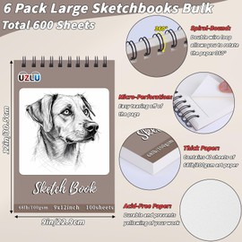 6 Pcs Sketch Book Bulk 9 x 12 In Drawing Paper Pad Top Spiral Bound Sketch Book 600 Sheet 68lb/100gsm Thick Paper Acid Free Mixed Media Sketchbook Art Supplies for Kid Adult Painting Beginner Artist