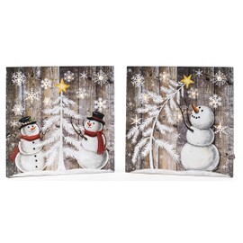 OSW LED Lighted Snowman with Trees Wooden Christmas Decor Wall Art Hanging or Tabletop Display - Set of 2 Battery-Operated Light-Up Holiday Decoration Plaques OSW187400