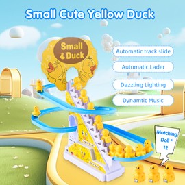 Taekooki Pack of 12 Electric Duck Stair Climbing Toys, Electric Duck Climbing on Stairways and Slide Set, Duck Roller Coaster with Flashing Lights and Music On/Off Switch