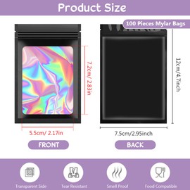 100 Pcs Mylar Zip Lock Bags Holographic Mylar Bags Smell Proof Grip Ziplock Bags Black Foil Pouch Bags Resealable Ziplock Baggies Sample Pouch for Candy Snack Jewelry Lash Lip Gloss (7.5 * 12cm)