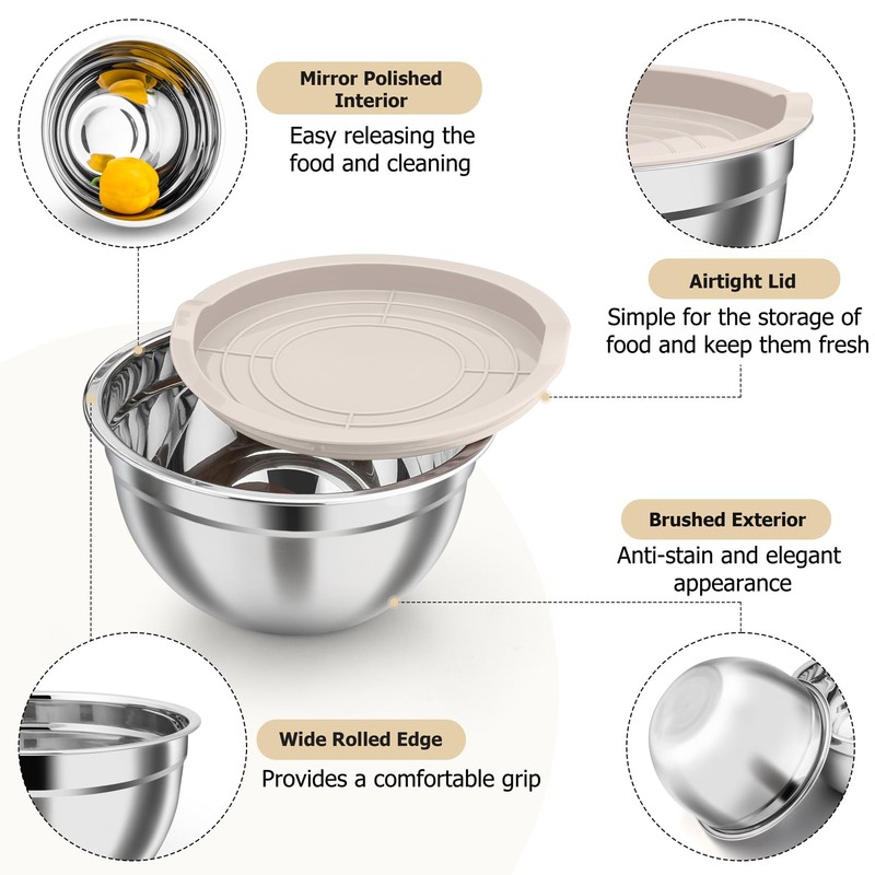TeamFar Mixing Bowls, Stainless Steel Nesting Salad Bowls with Airtight