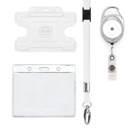 | 4 Piece ID Badge Set White | Set Includes Metal Lobster Clip Lanyard, Retractable Badge Reel, & Badge Pocket & ID Card Badge Holder, 8 Colours PCL Media ltd