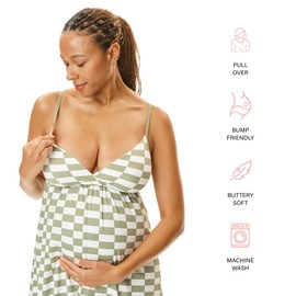Motherhood Maternity Women's Maternity Sleep Chemise for Pregnancy with Nursing Access, Checkmate Sage, Small