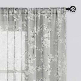 FMFUNCTEX Floral Semi Sheer Curtains 96 Inches Long for Living Room, Grey Linen Sheer Floral Patterned Curtains for Bedroom, Linen Farmhouse Printed Window Curtains, Rod Pocket Privacy Drapes 2 Panels