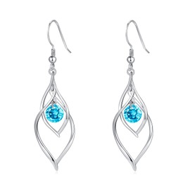 March Birthstone Dangle Drop Earrings - 925 Sterling Silver Aquamarine Linear Swirl French Wire Earrings Infinity Gem Piercing Blue CZ Earring, Classic Jewelry Birthday Gifts for Women Girls
