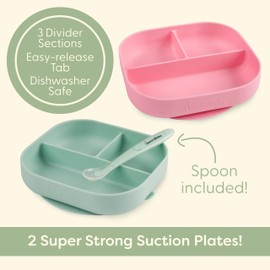 UpwardBaby 2 Pack Baby Plates and Spoon Set - Silicone Divided Suction Plates for Babies, Toddlers & Kids - Less Mess, Portion Food Plates Feeding Set - Non-Slip, Non-Toxic, BPA Free - Sage/Pink