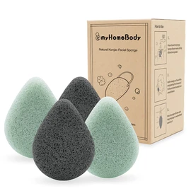 myHomeBody Natural Konjac Facial Sponges – Teardrop Shape - for Gentle Face Cleansing and Exfoliation - with Activated Charcoal and Aloe Vera, Set of 4