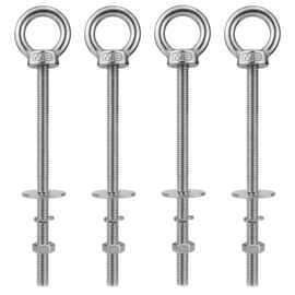 QWETRY M6 Stainless Steel Eye Bolt with Nuts 4 Pack, M6 x 100mm (1/4" x 4 inch) Long Ring Shoulder Lifting Eye Bolt for Swing, Male Screw Threaded Eyebolt kit Tie Down Outdoor Indoor