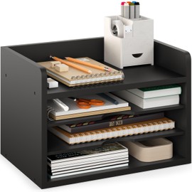 Ballucci File Organizer, 4-Tier Office Desk Organizer, Open Top Wood Paper Organizer for Classroom, Desktop Mail Sorter Paper Tray, Black