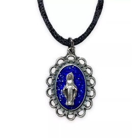 Lady of Grace Blue Enamel Silver Tone Medal Pendant String Necklace Milagrosa