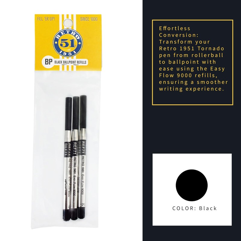 RETRO 51 Easy Flow 9000 Ballpoint Refill 3 Pack Black