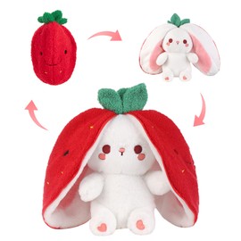 Emoin Bunny Stuffed Animal Reversible Cuddle Strawberry Bunny Plush Transformed Rabbit Toy Plush with Zipper Easter Bunny Plushies Gifts for Baby Boys Girls-10Inch
