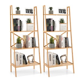 Giantex 4-Tier Bamboo Bookshelf Set of 2, Indoor Free Standing Plant Stand Display Rack w/Anti-Tipping Device, Corner Bamboo Ladder Shelf for Small Space, Living Room, Kitchen Bedroom Office, Natural