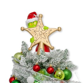 Hismir 10 inch Christmas Tree Topper, Cute and Funny Christmas Thief Hiding Behind Gold Star Sculpted Tree Topper, Hand-Painted Unique Red Green Xmas Monster Decorations for Table Shelves Home Indoor