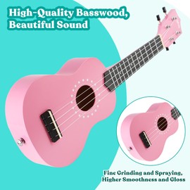 VANPHY Soprano Ukulele for Beginner Kids with Gig Bag 21 Inch Uke for Starter Hawaiian Soprano Ukelele Polishing Adults Basswood 21 Inch uke bundle with Strap Picks Songbook Cleaning Cloth (Pink)