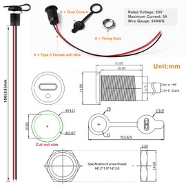 KUOQIY 6 pieces USB-C female for panel mounting, 3A 2-pin USB-C socket with LED light, 2-wire installation type C socket, round USB C socket with 150 mm 24 AWG wires, with dust covers nuts, black