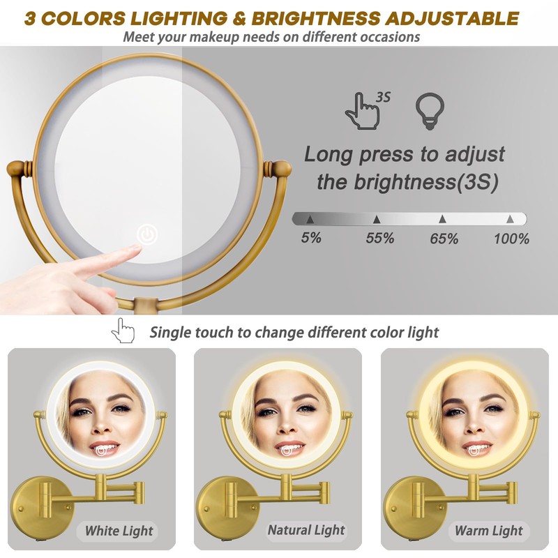 Wall Mounted Makeup Mirror with Light and Magnification, 7W Higher