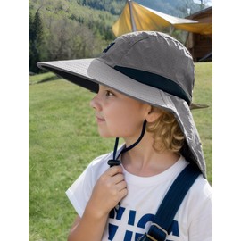FEOYA Toddler Sun Hat Kids Sun Hat with Neck Flap UV Sun Protection Bucket Hat Mesh UPF50+ Neck Flap Hat Quick Dry Sun Hats Foldable Beach Hat Grey