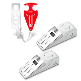 Douevo Portable Doorstop Alarm and Traveling Hotel Door Lock, No Installation Required, Provides Double Security for Home, Hotel and Traveling（Door Lock red*1 Door Stop White*2）