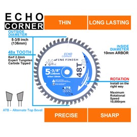 Echo Corner 5-3/8-Inch (10mm Arbor) 48-Tooth Circular Saw Blades, Heavy Duty 2-Pack Carbide TCT Fine Cut Fine Finish Crosscut Framing Ripping Wood Plywood MDF Plastic Veneer Lumber Laminate