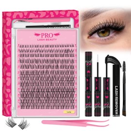 Natural Lash Extension Kit Wispy Lash Clusters Kit Lash Clusters Lash Bond Remover Eyelash Applicator Beginner DIY Lashes Kit Easy to Use(Luna,8-16mix)