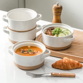 HVH Soup Bowls With Handles Microwave Safe, Ceramic Soup Bowl Set of 4, 24 Oz Big Soup Bowl for Soup, Cereal, Chill, Beef Stew, French Onion Soup Bowls Farmhouse Style (White)