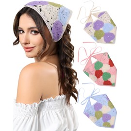 AWAYTR Crochet Head Scarf Hair Bandanas for Women Knit Bandana Headband Scarf Tie-Back Head Coverings Floral Headscarf for Girls (White/Blue/Pink)