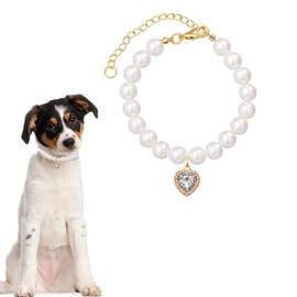 Qiansail Cat Pearl Necklaces Dog Rhinestone Heart Shape Collar Adjustable Cute Necklace Pet Supplies for Puppy Kitten (White, L)