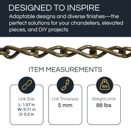 RCH Hardware CH-S50-06-PB-10 |5 Gauge Decorative Solid Steel Single Jack Fixture Chain | 10 Foot Increments | Polished Brass Finish