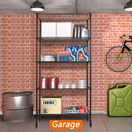 5-Shelf Adjustable Heavy Duty Storage Shelving Unit on 4 Wheel Casters, Metal Organizer Wire Rack for Laundry Bathroom Kitchen Pantry Closet, Black