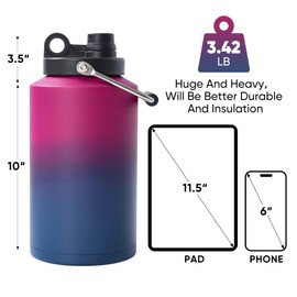 Kerilyn Insulated Jug with Handle, One Gallon, 128oz Stainless Steel, Large Double Vacuum Water Bottle for Hot & Cold Drinks, Wide Mouth, Sweat Proof, Great for Travel, Hiking & Camping, Red Gradient