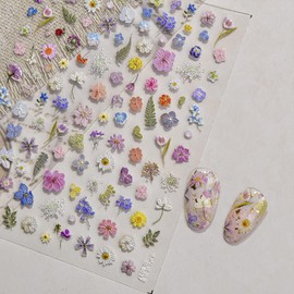 Art Flower Nail Art Stickers Decals Summer Floral 5D Embossed Stickers Design Self-Adhesive Nail Art Decals for Women Girl DIY Manicure Decorations (Art Flower)