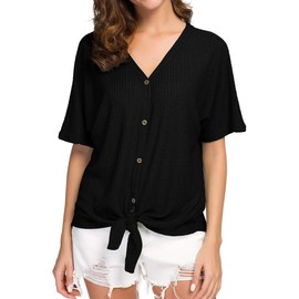 IWOLLENCE Womens Waffle Knit Tunic Blouse Tie Knot Short Sleeve Henley Tops Loose Fitting Bat Wing Shirts Black, S