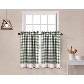 Decotex 2 Piece Buffalo Check Plaid Gingham Crochet Lace Trimmed Window Curtain Tier Panel Set (29" W X 24" L, Sage/Beige)