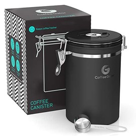 Coffee Gator Stainless Steel Coffee Grounds and Beans Container Canister with Date-Tracker, CO2-Release Valve and Measuring Scoop, Large, Black